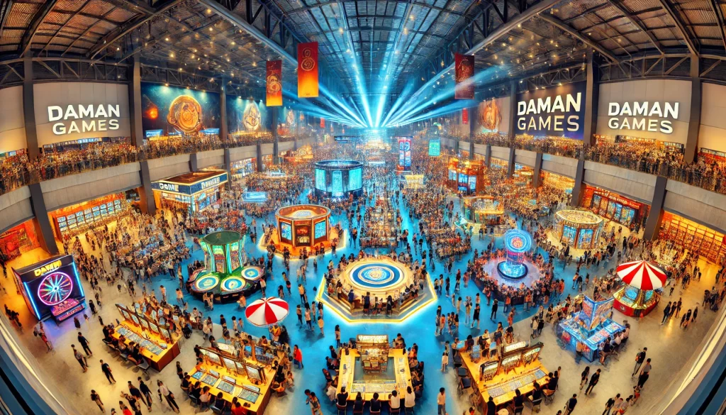 A vibrant wide-angle image of a Daman Games arena filled with people enjoying various games and activities. The scene includes multiple game booths wi