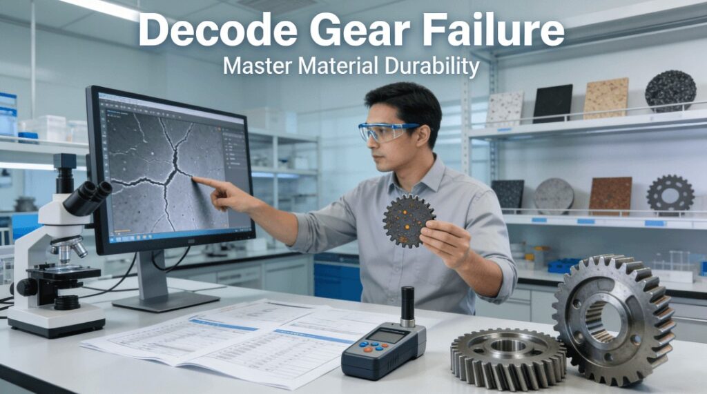 An engineer in a modern industrial lab analyzes a failed gear sample next to a microscope display showing its microstructure